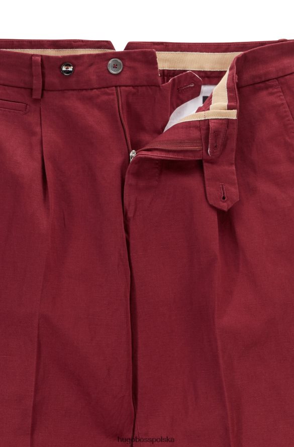 Hugo Boss spodnie o swobodnym kroju ze spranej mieszanki bawełny i lnu w kolorze ciemnoczerwonym hugo ciemno czerwony R0X0H63285
