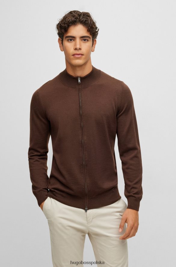 Hugo Boss Brązowy kardigan Hugo z dziewiczej wełny, zapinany na zamek, z haftowanym logo brązowy R0X0H64432
