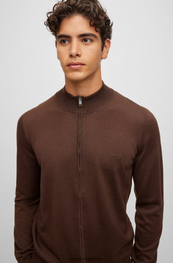 Hugo Boss Brązowy kardigan Hugo z dziewiczej wełny, zapinany na zamek, z haftowanym logo brązowy R0X0H64432