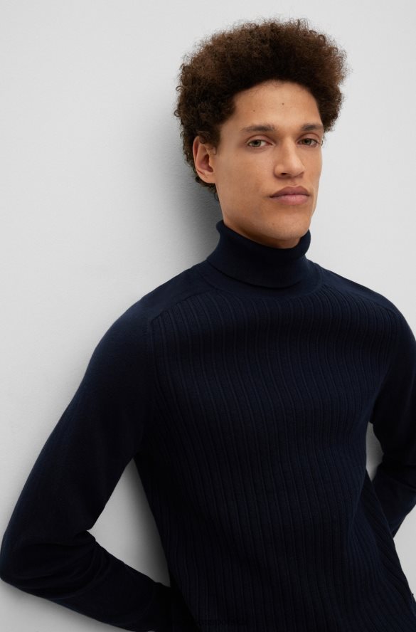 Hugo Boss Ciemnoniebieski, prążkowany sweter Hugo z bawełny i kaszmiru ciemny niebieski R0X0H61090