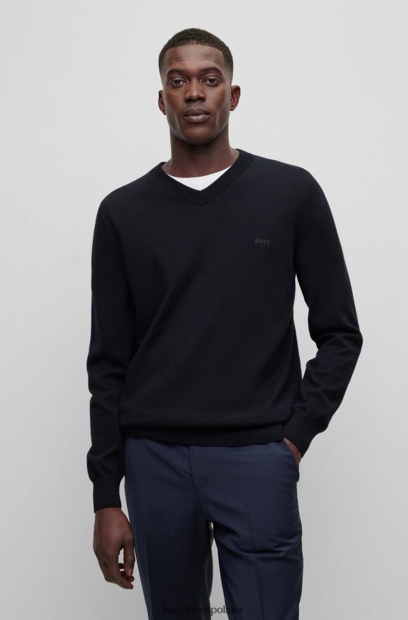 Hugo Boss Ciemnoniebieski sweter z dekoltem w kształcie litery V, wykonany z bawełny organicznej, z wyszytym logo hugo ciemny niebieski R0X0H62312