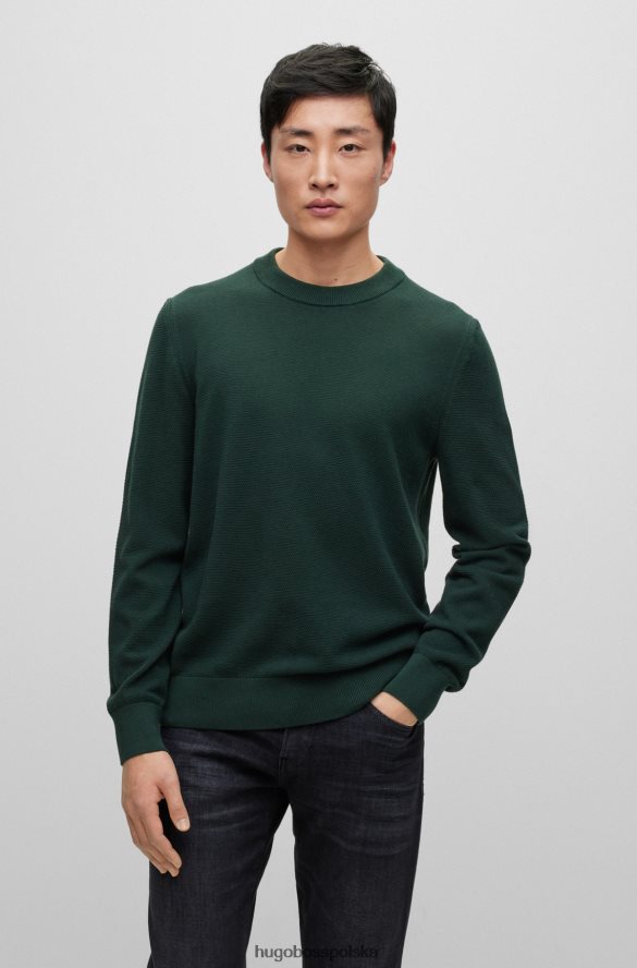 Hugo Boss Ciemnozielony sweter hugo z okrągłym dekoltem, wykonany ze strukturalnej bawełny, z detalami w paski ciemnozielony R0X0H62459