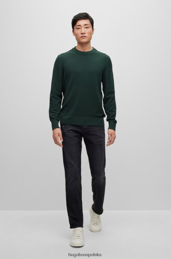 Hugo Boss Ciemnozielony sweter hugo z okrągłym dekoltem, wykonany ze strukturalnej bawełny, z detalami w paski ciemnozielony R0X0H62459