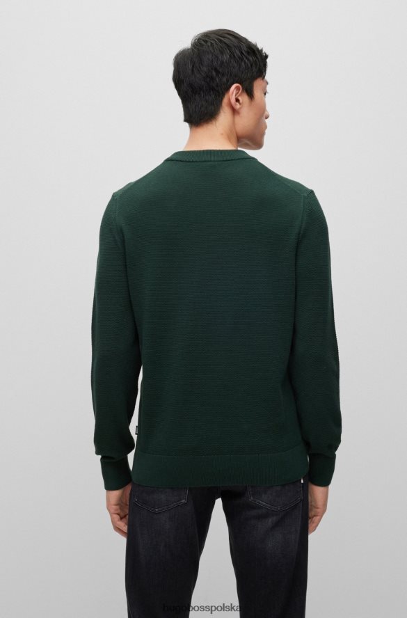 Hugo Boss Ciemnozielony sweter hugo z okrągłym dekoltem, wykonany ze strukturalnej bawełny, z detalami w paski ciemnozielony R0X0H62459