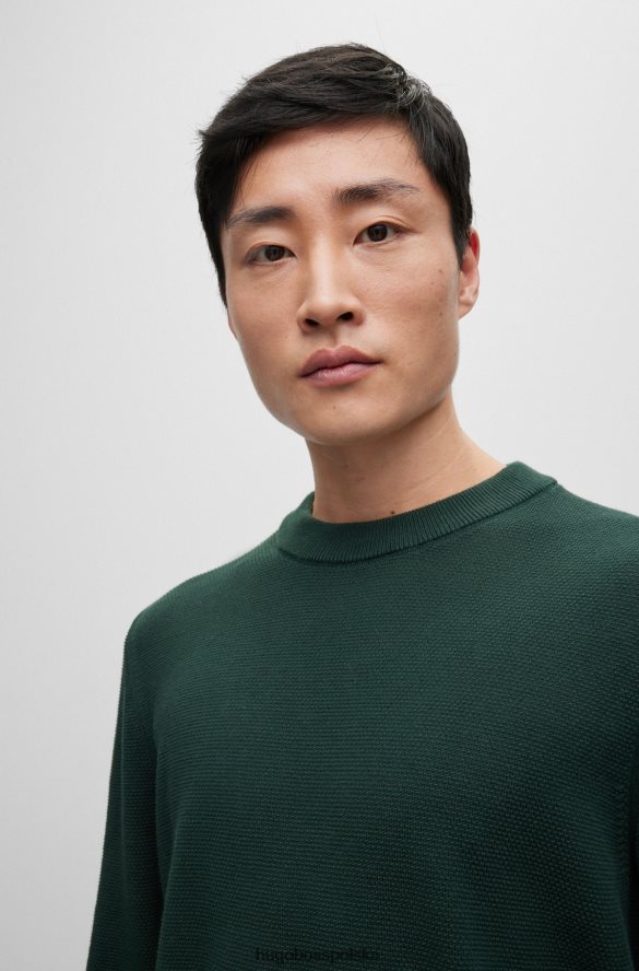 Hugo Boss Ciemnozielony sweter hugo z okrągłym dekoltem, wykonany ze strukturalnej bawełny, z detalami w paski ciemnozielony R0X0H62459