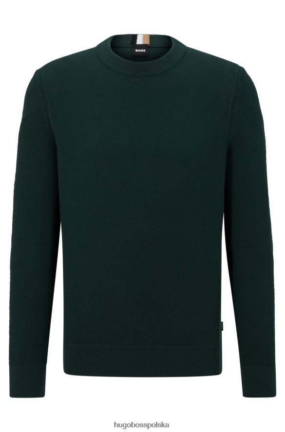 Hugo Boss Ciemnozielony sweter hugo z okrągłym dekoltem, wykonany ze strukturalnej bawełny, z detalami w paski ciemnozielony R0X0H62459