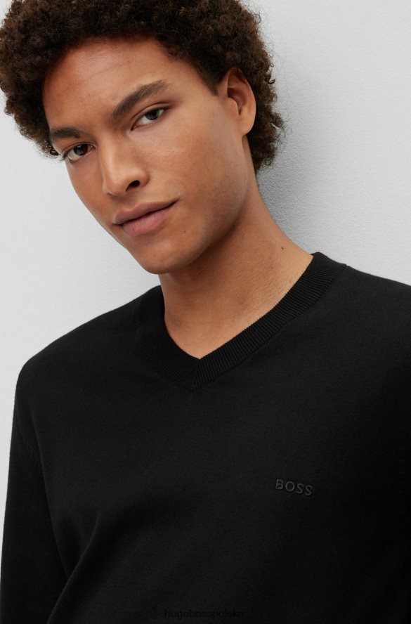 Hugo Boss Czarny sweter Hugo z bawełny organicznej, z wyszytym logo, z dekoltem w kształcie litery V czarny R0X0H62314