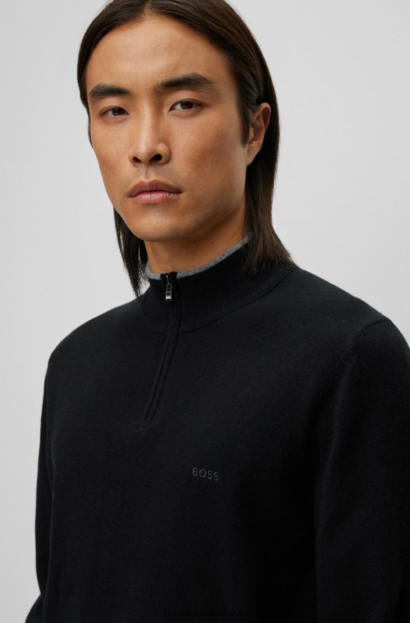 Hugo Boss Czarny sweter hugo z dziewiczą wełną, zapinany na zamek i z wyhaftowanym logo czarny R0X0H61316