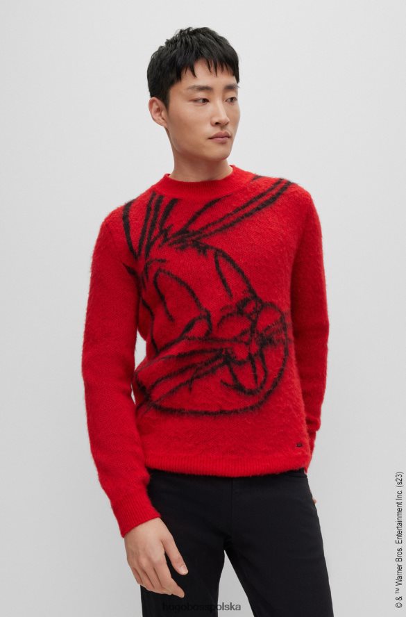 Hugo Boss Looney Tunes x Wytrzymały sweter o regularnym kroju z grafiką króliczka Bugs czerwony R0X0H63834