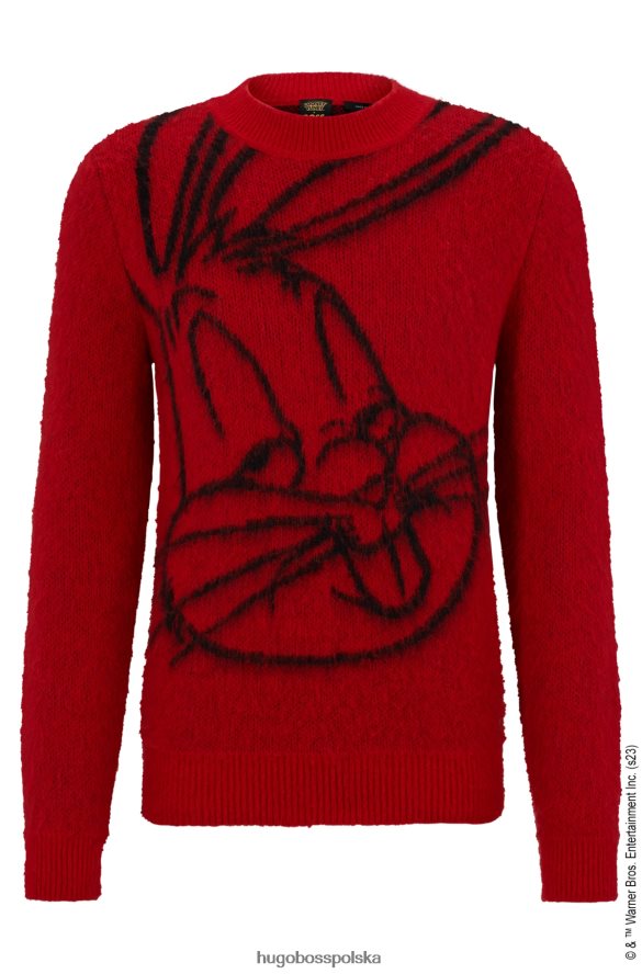 Hugo Boss Looney Tunes x Wytrzymały sweter o regularnym kroju z grafiką króliczka Bugs czerwony R0X0H63834