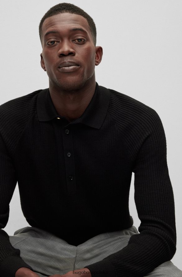 Hugo Boss Prążkowany sweter polo hugo w kolorze czarnym o dopasowanym kroju czarny R0X0H62961