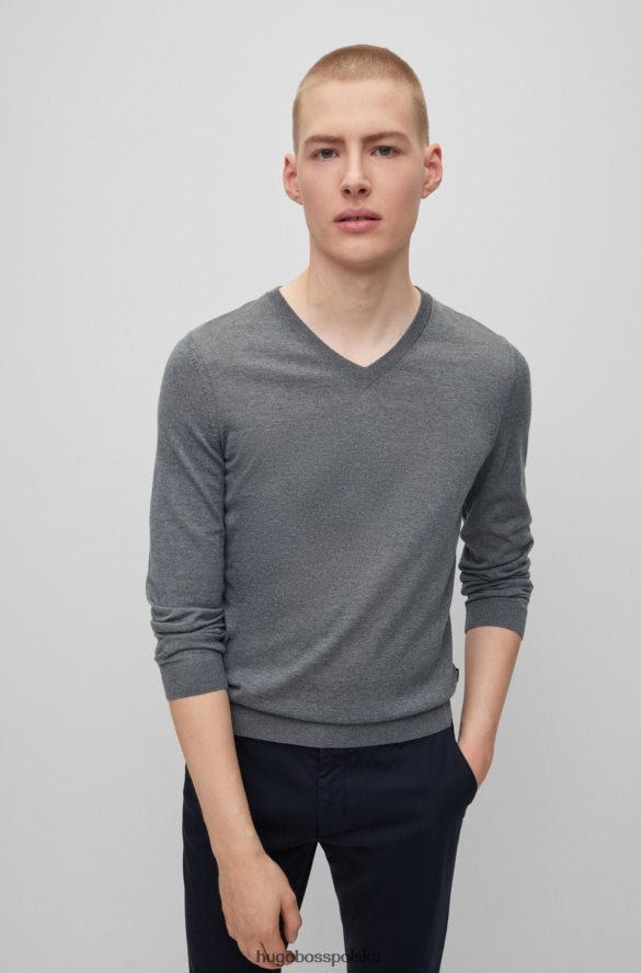 Hugo Boss Sweter hugo o dopasowanym kroju z dekoltem w kształcie litery V w kolorze szarej wełny dziewiczej szary R0X0H63070