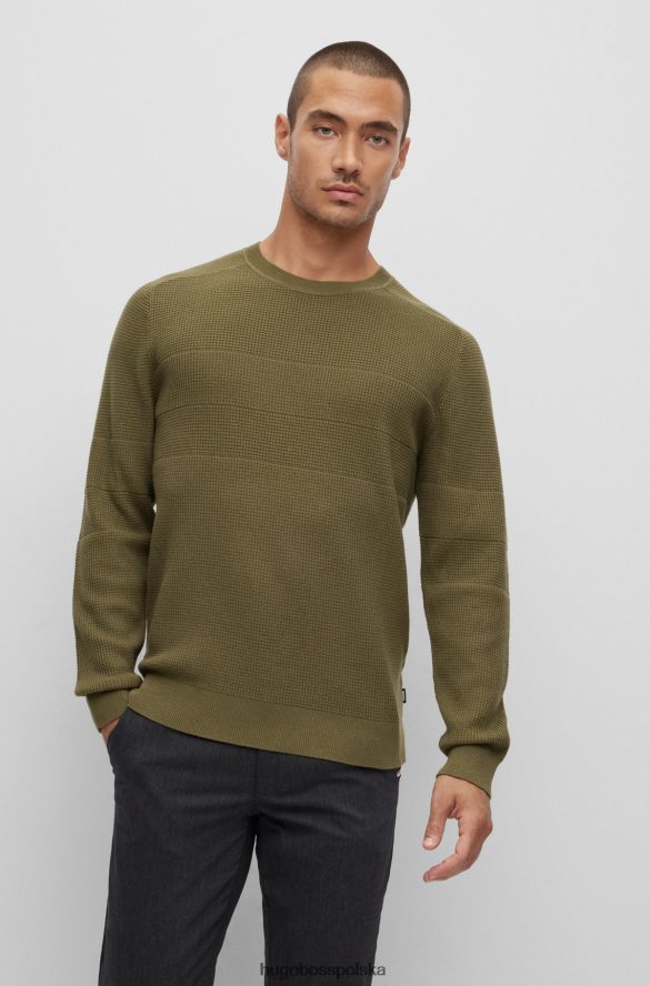 Hugo Boss Sweter khaki hugo w paski o strukturalnej strukturze, wykonany z bawełny i dziewiczej wełny khaki R0X0H62151
