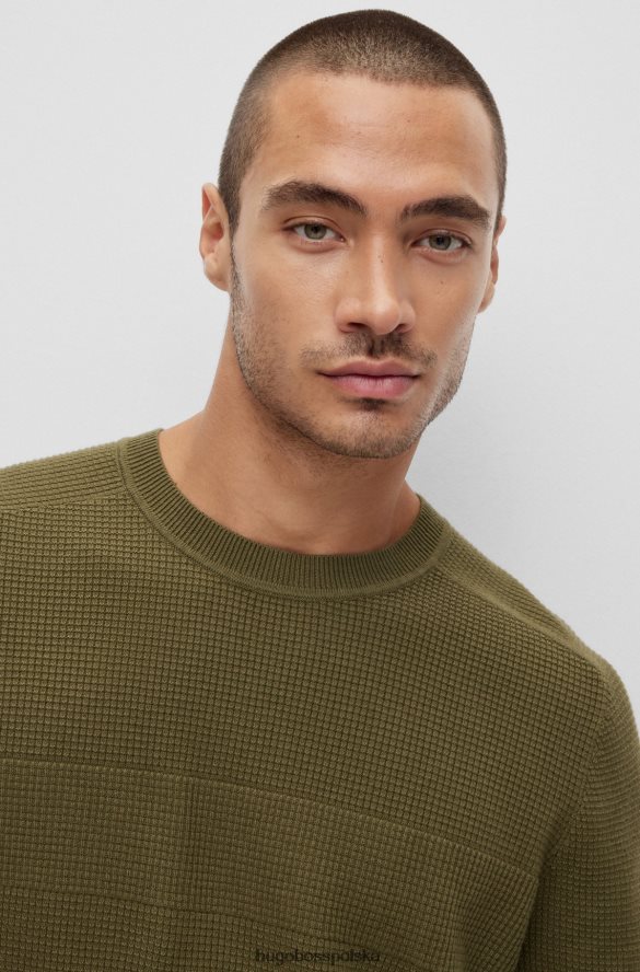 Hugo Boss Sweter khaki hugo w paski o strukturalnej strukturze, wykonany z bawełny i dziewiczej wełny khaki R0X0H62151