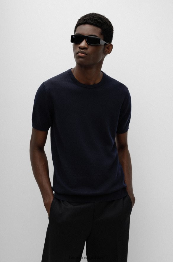 Hugo Boss Sweter o dopasowanym kroju z haftowanym logo, wykonany z dziewiczej wełny hugo w kolorze ciemnoniebieskim ciemny niebieski R0X0H64045