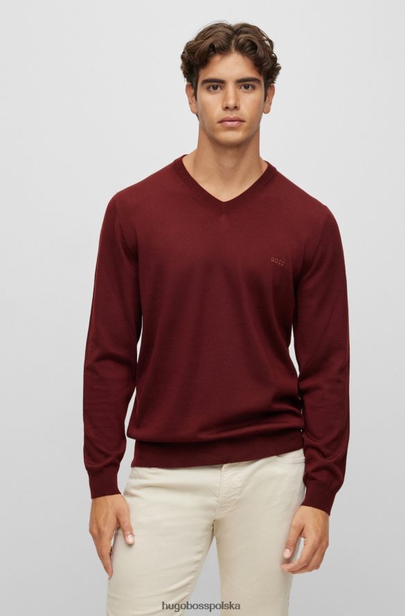Hugo Boss Sweter z dekoltem w kształcie litery V, wykonany z odpowiedzialnej wełny w kolorze ciemnoczerwonym hugo ciemno czerwony R0X0H61415
