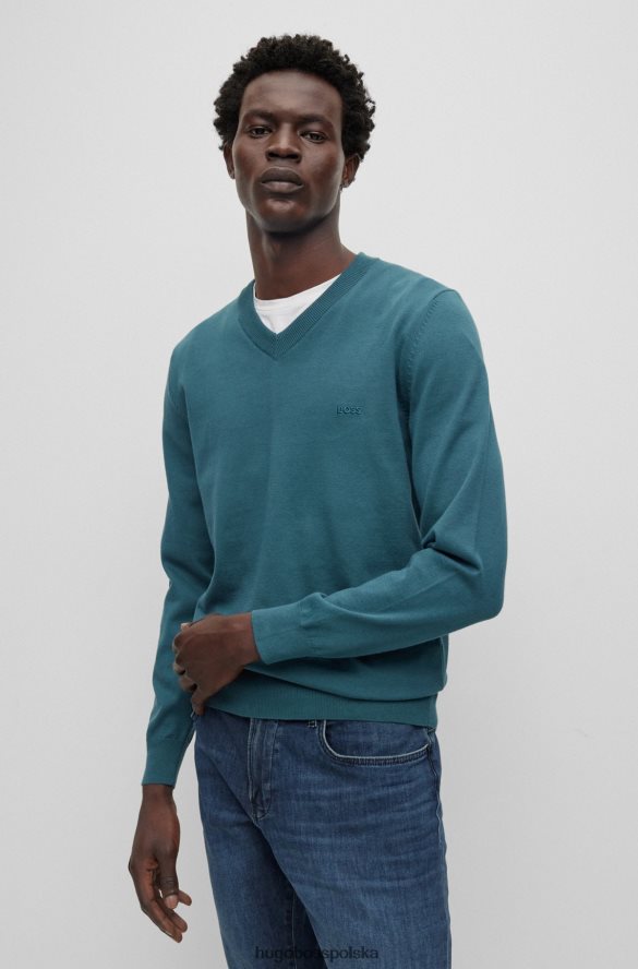 Hugo Boss Sweter z dekoltem w kształcie litery V z bawełny organicznej z haftowanym logo Hugo w kolorze turkusowym turkus R0X0H62313
