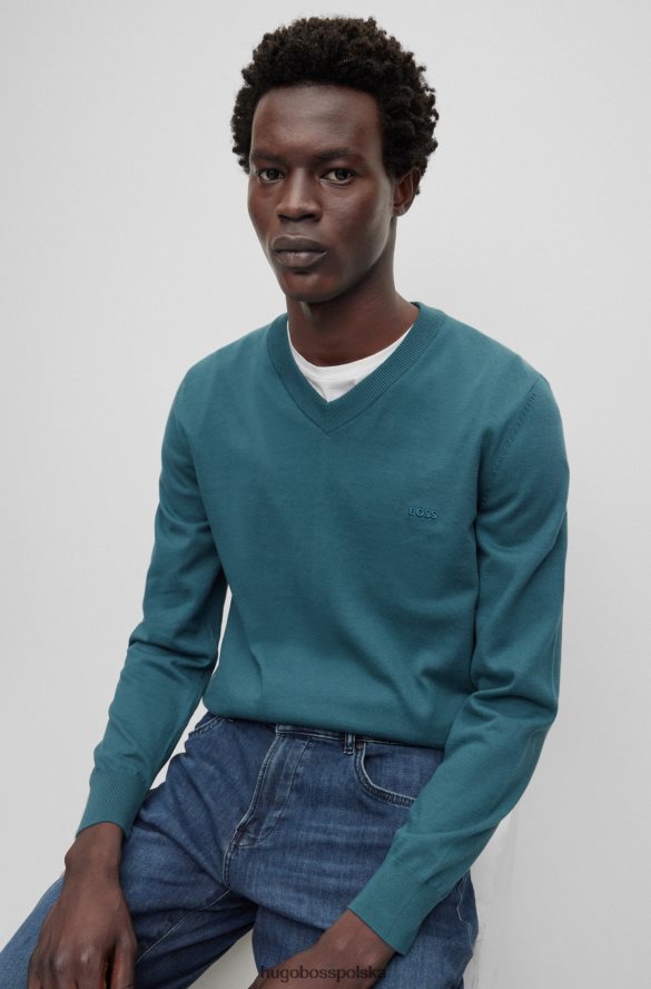 Hugo Boss Sweter z dekoltem w kształcie litery V z bawełny organicznej z haftowanym logo Hugo w kolorze turkusowym turkus R0X0H62313