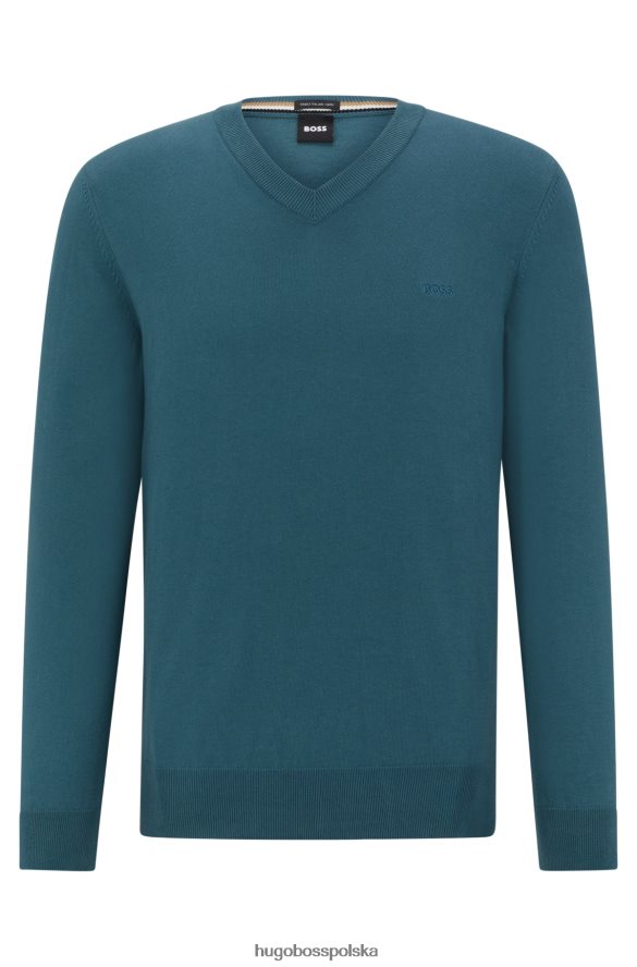 Hugo Boss Sweter z dekoltem w kształcie litery V z bawełny organicznej z haftowanym logo Hugo w kolorze turkusowym turkus R0X0H62313