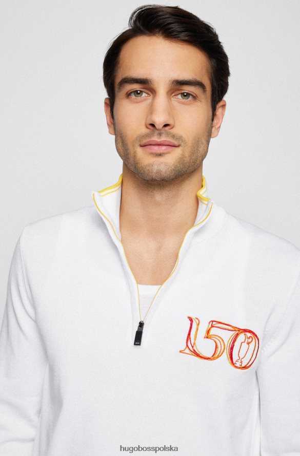 Hugo Boss Sweter z organicznej bawełny, zapinany na zamek i haftem brytyjskim, biały hugo biały R0X0H64520