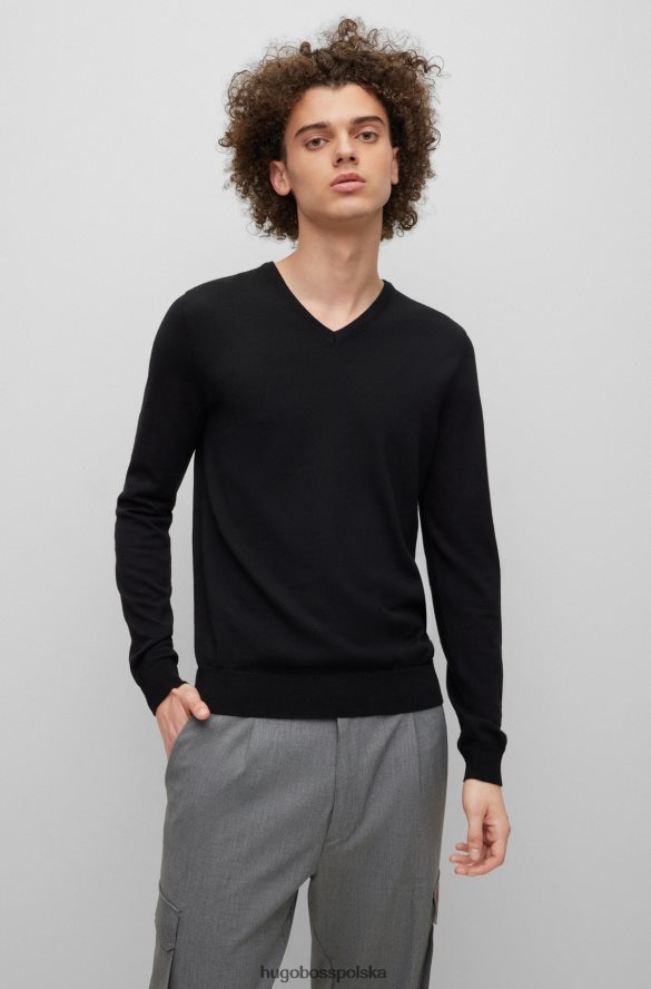 Hugo Boss Wąski sweter z dekoltem w kształcie litery V, wykonany z dziewiczej wełny hugo w kolorze czarnym czarny R0X0H62254