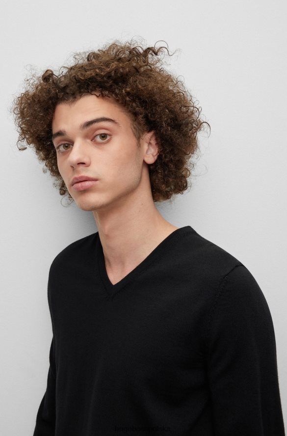 Hugo Boss Wąski sweter z dekoltem w kształcie litery V, wykonany z dziewiczej wełny hugo w kolorze czarnym czarny R0X0H62254