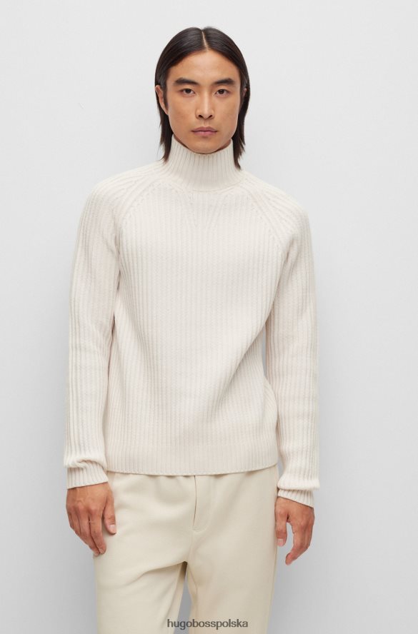 Hugo Boss biały prążkowany sweter z okrągłym dekoltem, wykonany z odpowiedzialnej wełny hugo z dziewiczej wełny biały R0X0H63337