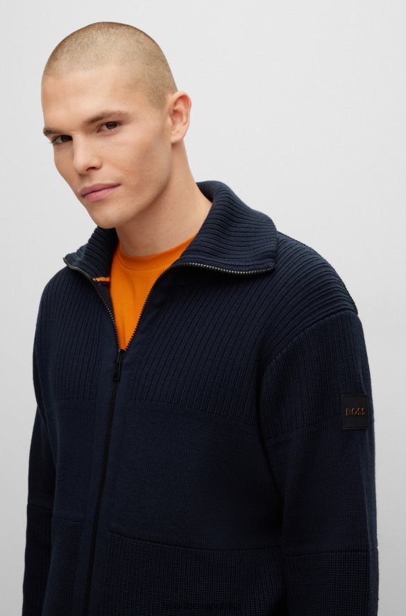 Hugo Boss ciemnoniebieska kurtka dzianinowa hugo o regularnym kroju z naszywką z logo ciemny niebieski R0X0H63542