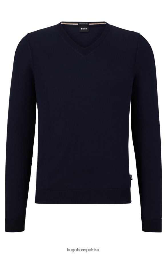 Hugo Boss ciemnoniebieski, dopasowany sweter hugo z dziewiczą wełną, z dekoltem w kształcie litery V ciemny niebieski R0X0H63069