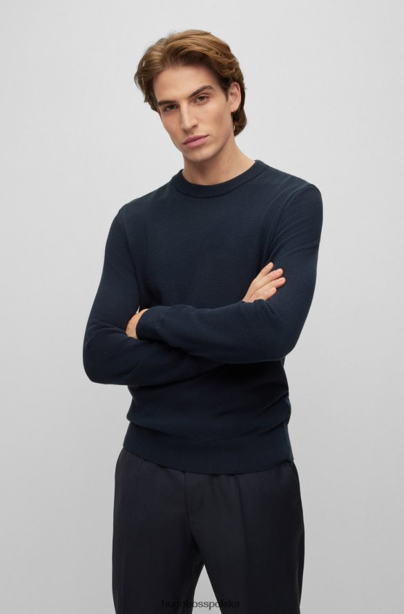 Hugo Boss ciemnoniebieski sweter hugo z okrągłym dekoltem, wykonany ze strukturalnej bawełny, z detalami w paski ciemny niebieski R0X0H62460