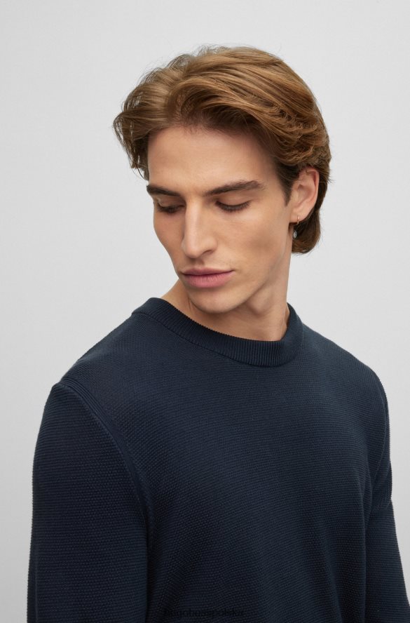 Hugo Boss ciemnoniebieski sweter hugo z okrągłym dekoltem, wykonany ze strukturalnej bawełny, z detalami w paski ciemny niebieski R0X0H62460