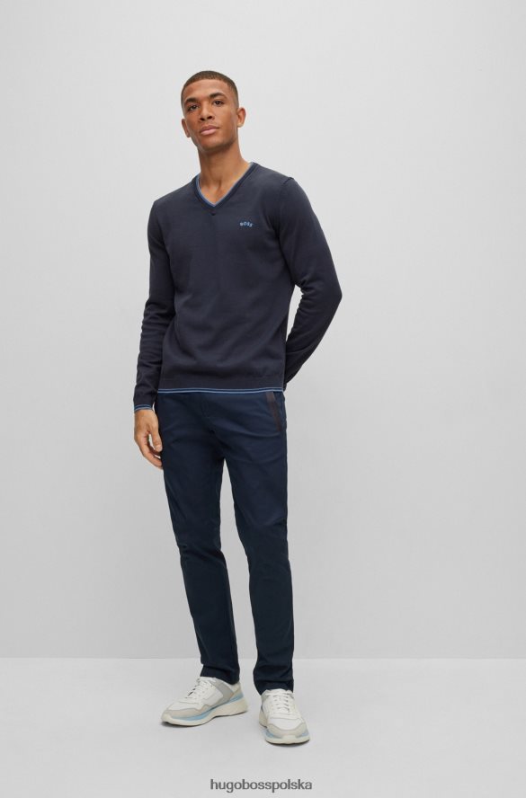 Hugo Boss ciemnoniebieski sweter z bawełny organicznej, z dekoltem w kształcie litery V i zakrzywionym logo hugo ciemny niebieski R0X0H64423