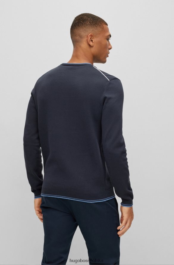 Hugo Boss ciemnoniebieski sweter z bawełny organicznej, z dekoltem w kształcie litery V i zakrzywionym logo hugo ciemny niebieski R0X0H64423