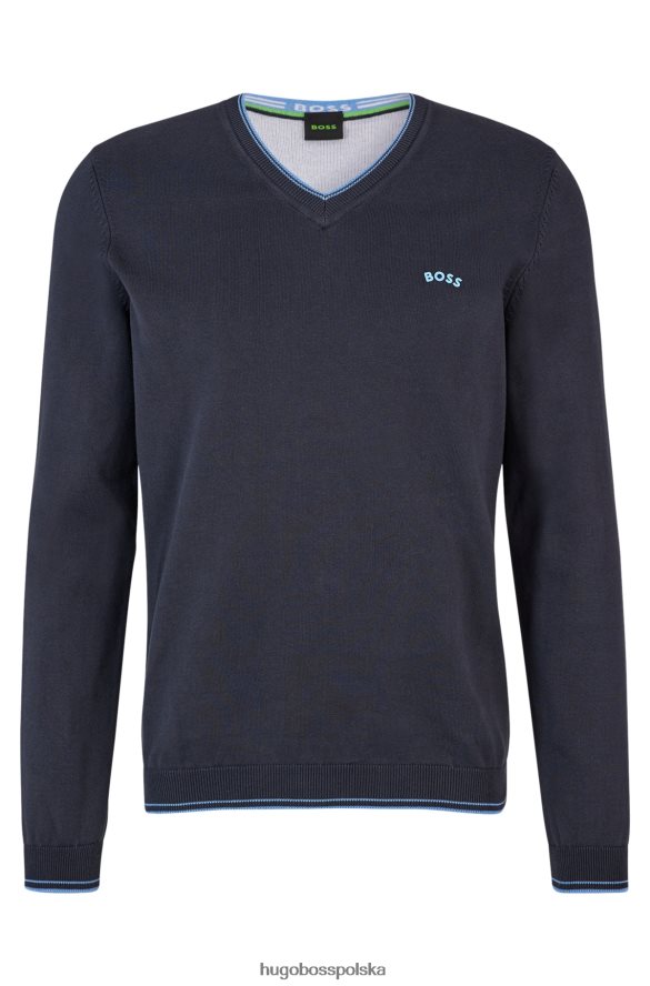 Hugo Boss ciemnoniebieski sweter z bawełny organicznej, z dekoltem w kształcie litery V i zakrzywionym logo hugo ciemny niebieski R0X0H64423