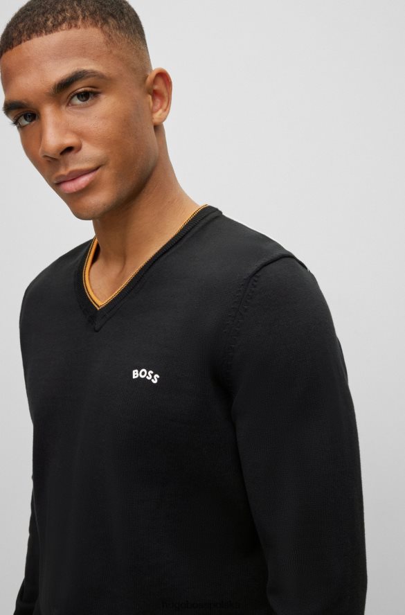 Hugo Boss czarny sweter hugo z organicznej bawełny, z dekoltem w kształcie litery V i zaokrąglonym logo czarny R0X0H64425