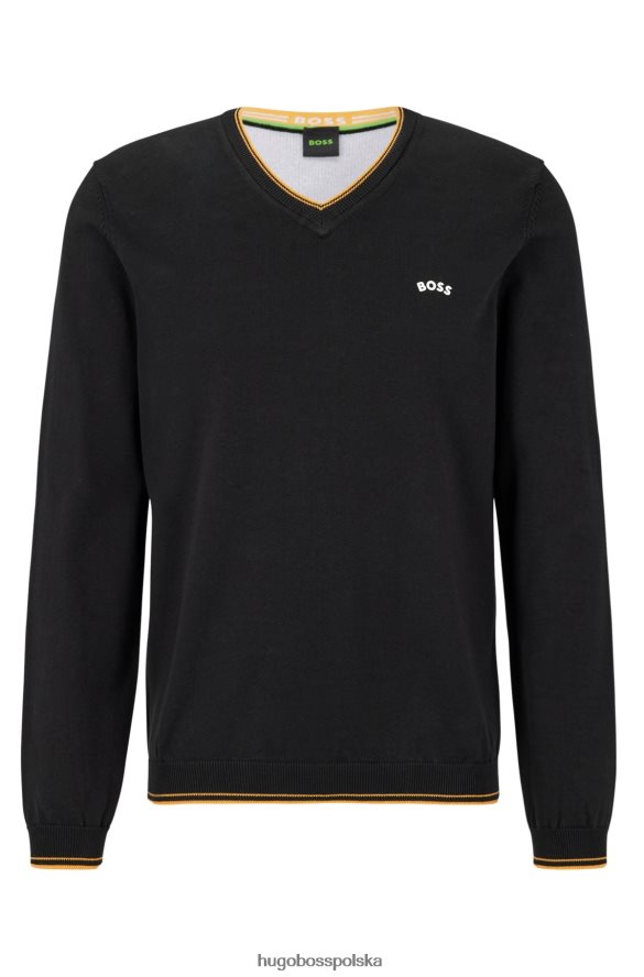 Hugo Boss czarny sweter hugo z organicznej bawełny, z dekoltem w kształcie litery V i zaokrąglonym logo czarny R0X0H64425