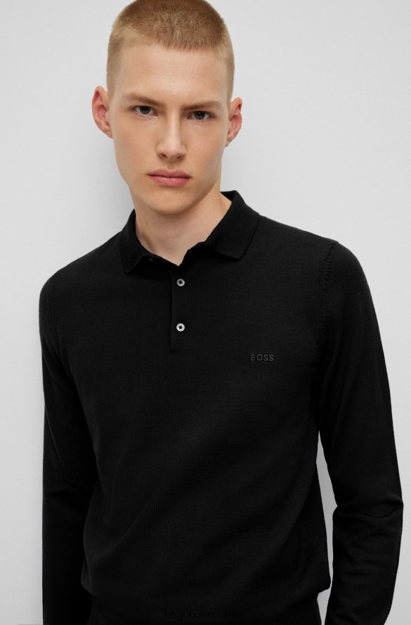 Hugo Boss czarny sweter polo z dziewiczej wełny z haftowanym logo hugo czarny R0X0H61278