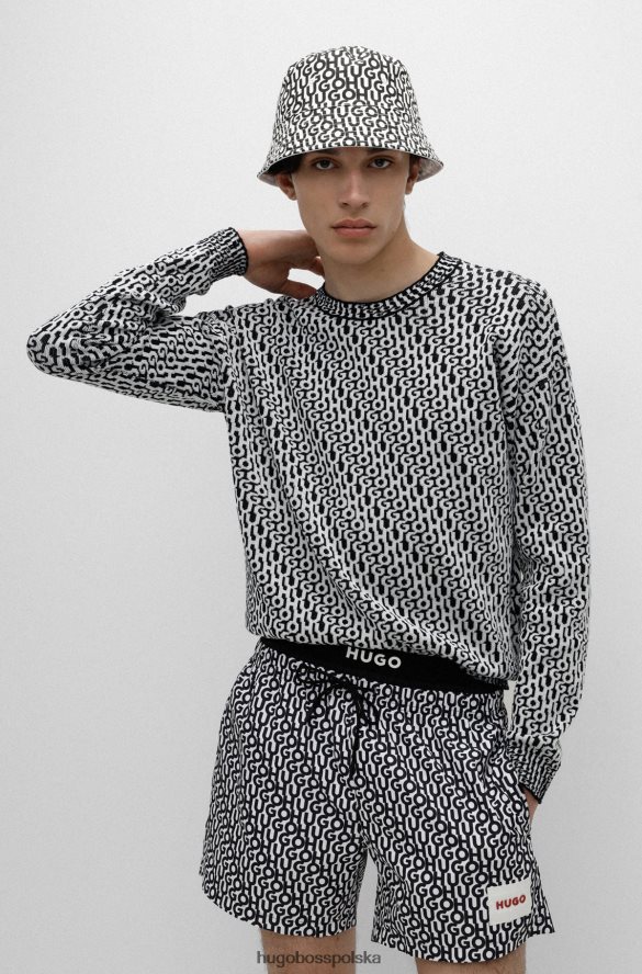 Hugo Boss czarny wzorzysty sweter o swobodnym kroju z żakardowym logo hugo na całej powierzchni czarne wzorzyste R0X0H62514
