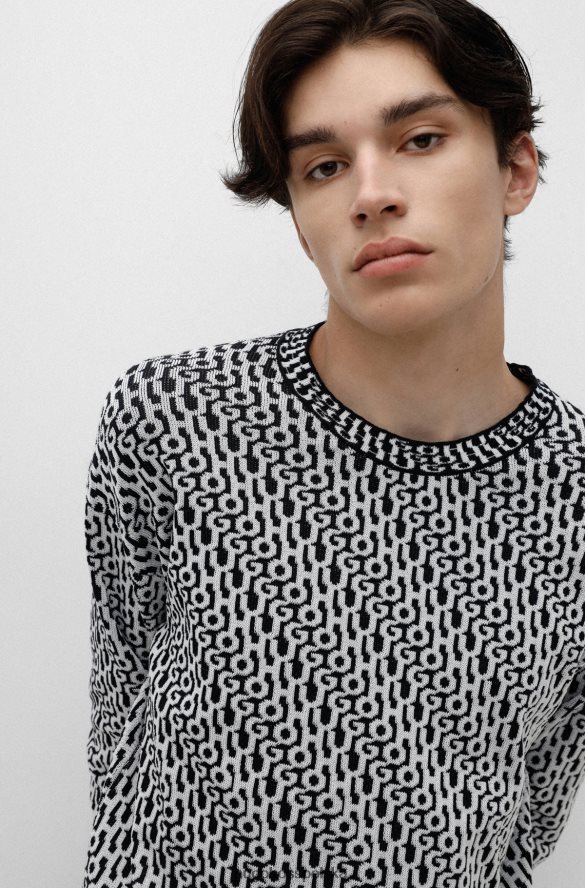 Hugo Boss czarny wzorzysty sweter o swobodnym kroju z żakardowym logo hugo na całej powierzchni czarne wzorzyste R0X0H62514