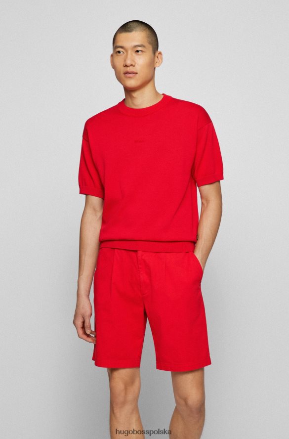Hugo Boss czerwony, bawełniany sweterek z krótkim rękawem i haftowanym logo hugo czerwony R0X0H63125