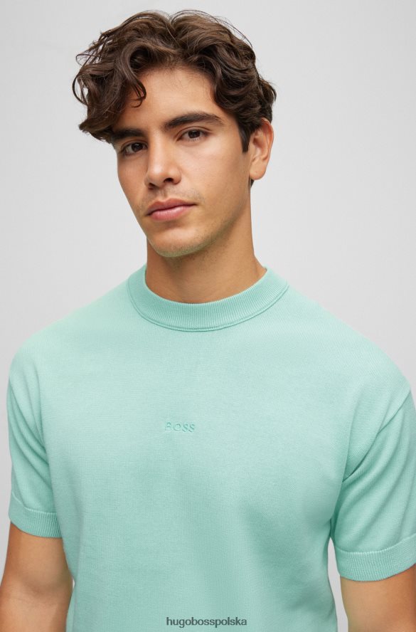 Hugo Boss dzianinowy bawełniany sweterek z krótkim rękawem i haftowanym logo Hugo w kolorze jasnozielonym jasnozielony R0X0H63126