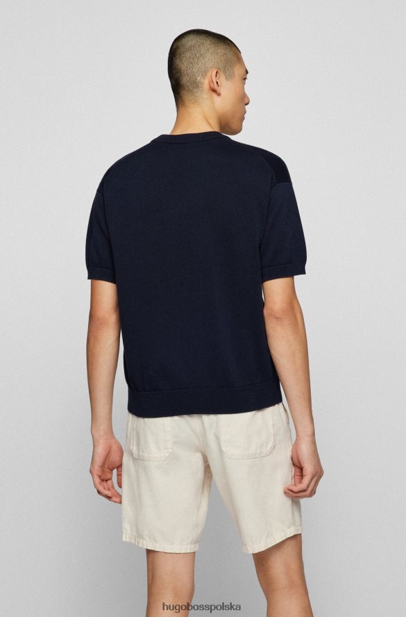 Hugo Boss dzianinowy bawełniany sweterek z krótkim rękawem i haftowanym logo w kolorze granatowym hugo ciemny niebieski R0X0H63124