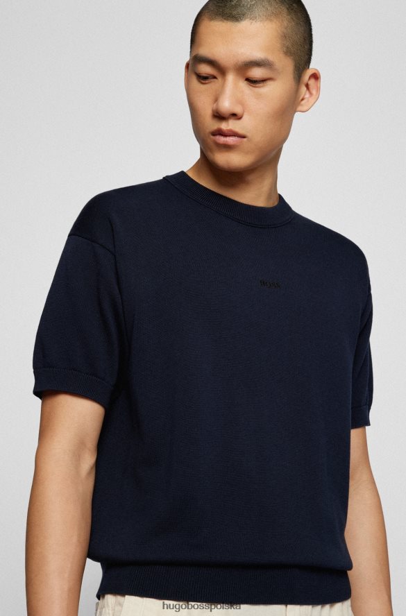 Hugo Boss dzianinowy bawełniany sweterek z krótkim rękawem i haftowanym logo w kolorze granatowym hugo ciemny niebieski R0X0H63124