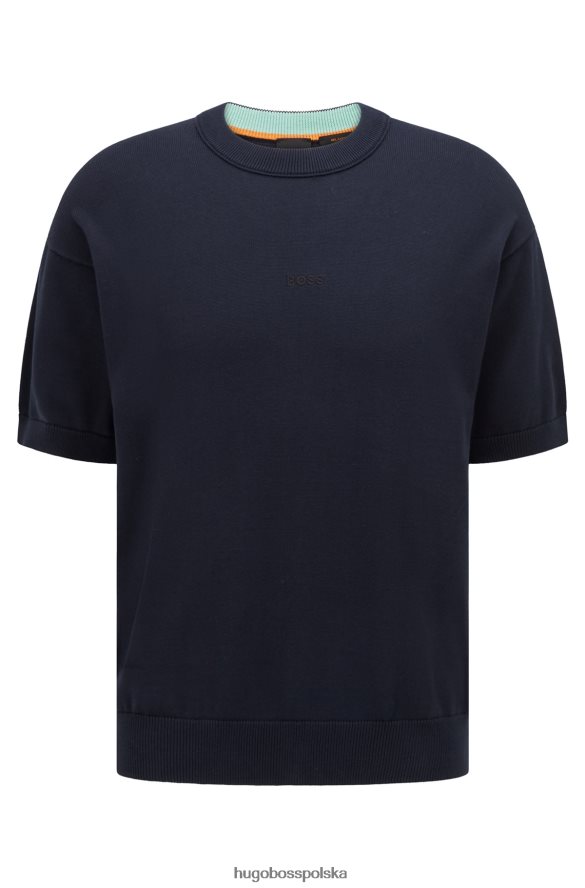 Hugo Boss dzianinowy bawełniany sweterek z krótkim rękawem i haftowanym logo w kolorze granatowym hugo ciemny niebieski R0X0H63124