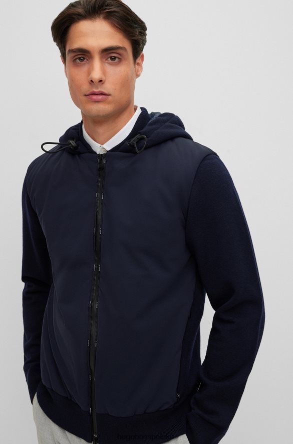 Hugo Boss hybrydowa kurtka z kapturem i wodoodpornym zamkiem błyskawicznym hugo w kolorze ciemnoniebieskim, obszytym logo ciemny niebieski R0X0H61658
