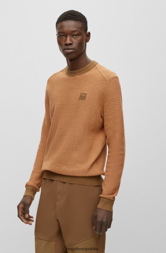 Hugo Boss jasnobrązowy bawełniano-kaszmirowy sweter z tkaną naszywką z logo hugo jasnobrązowy R0X0H63614