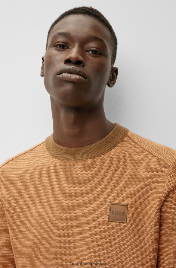 Hugo Boss jasnobrązowy bawełniano-kaszmirowy sweter z tkaną naszywką z logo hugo jasnobrązowy R0X0H63614