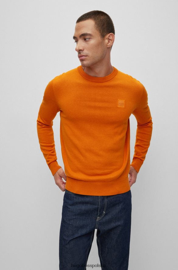 Hugo Boss pomarańczowy sweter Hugo z bawełny i kaszmiru z okrągłym dekoltem i logo Pomarańczowy R0X0H6930