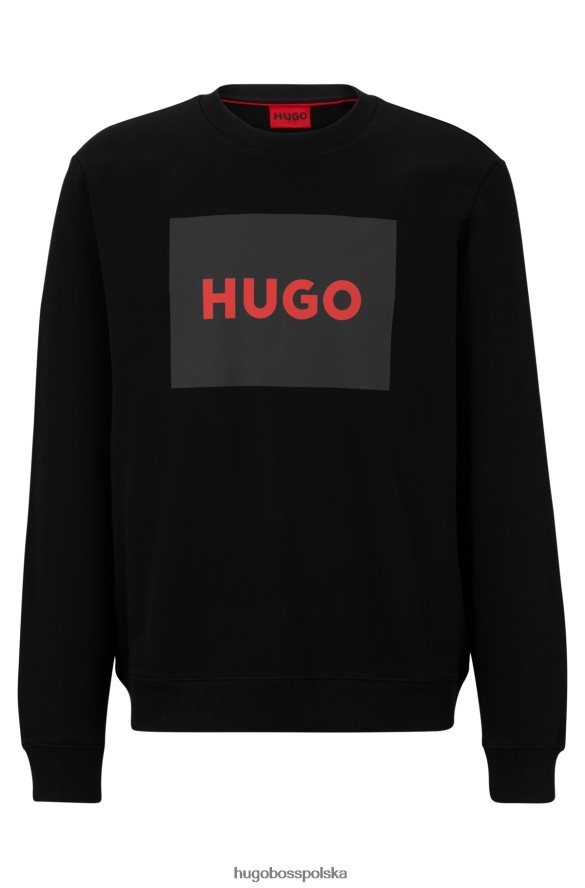 Hugo Boss sweterek bawełniany frotte z nadrukiem czerwonego logo, czarny hugo czarny R0X0H62407