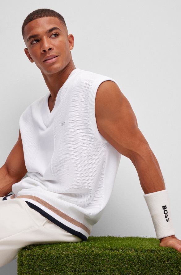 Hugo Boss x Matteo Berrettini sweter bez rękawów z czystej bawełny z detalami w paski biały R0X0H63463